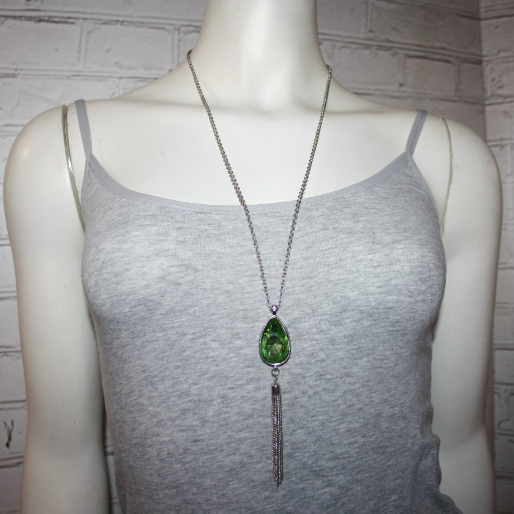 Beautiful Silver And Green Rhinestone Necklace With Chain Tassel 38-40